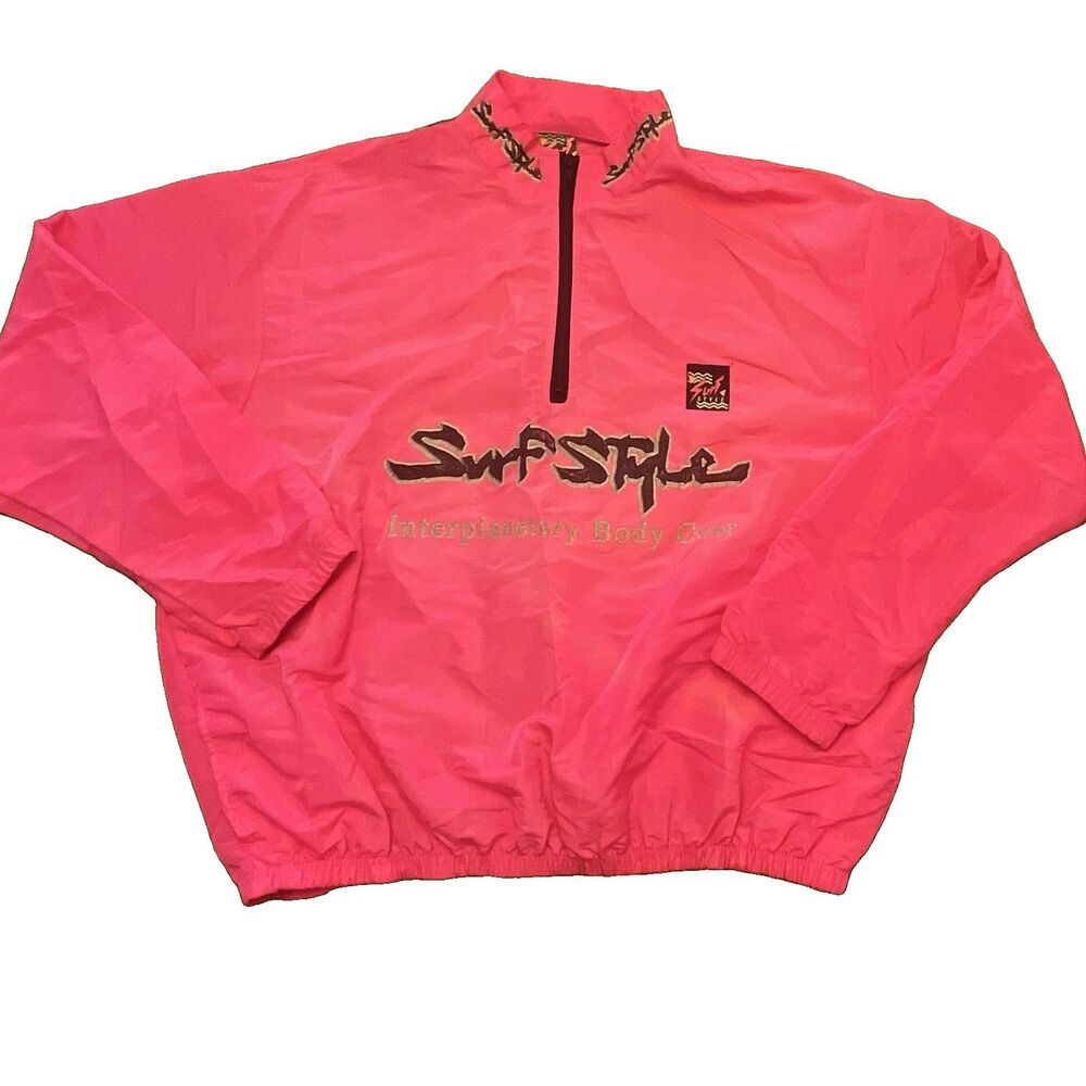 Vtg Surf Style Pink 1/4 Zip Lightweight Windbreaker Jacket Men’s One Size 90s